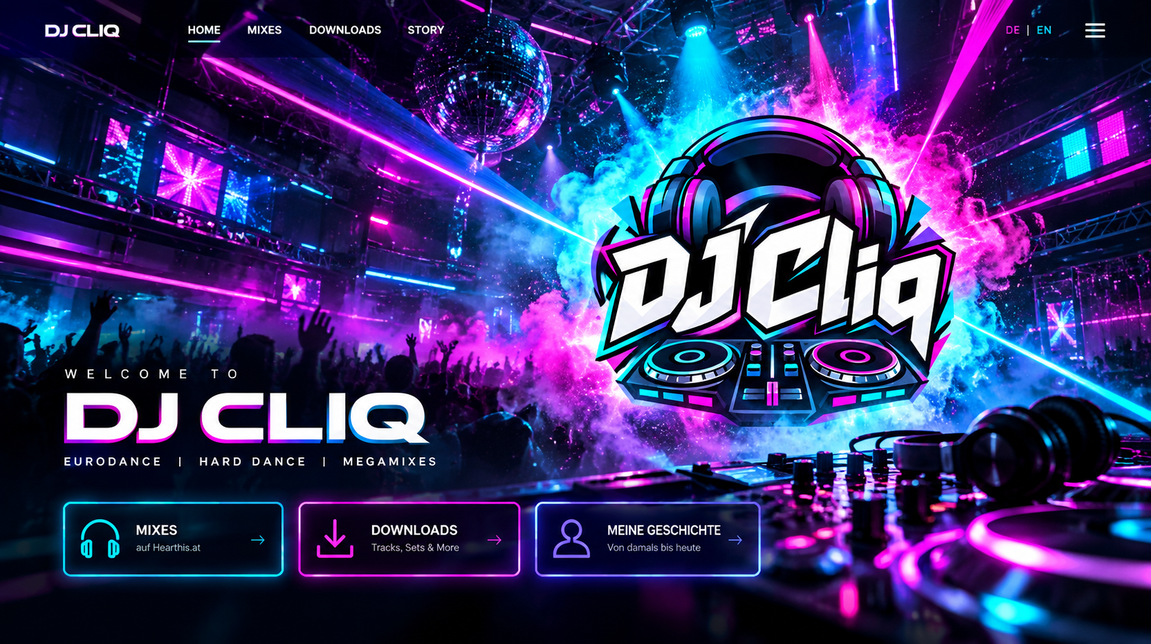 DJ Cliq Neon-Club mit großem DJ-Cliq-Logo, Magenta- und Cyan-Nebel und drei Navigationskacheln